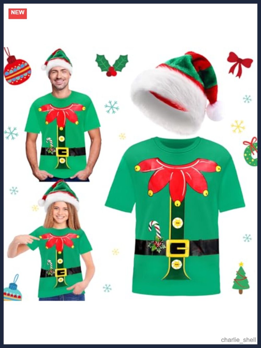 Christmas Elf T-Shirt & Hat Set Adult Unisex Costume